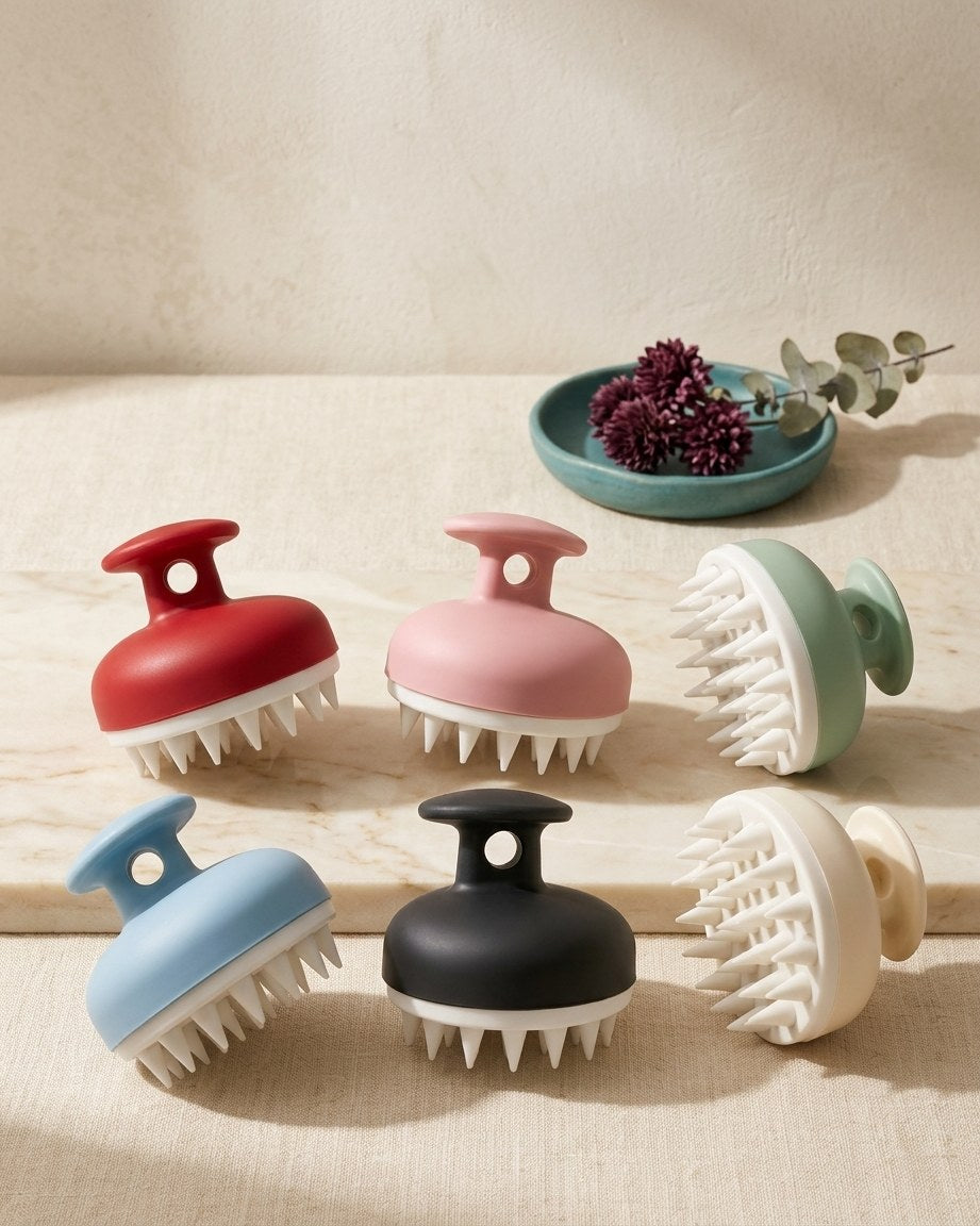 Silicone scalp massage brush on a cream linen table