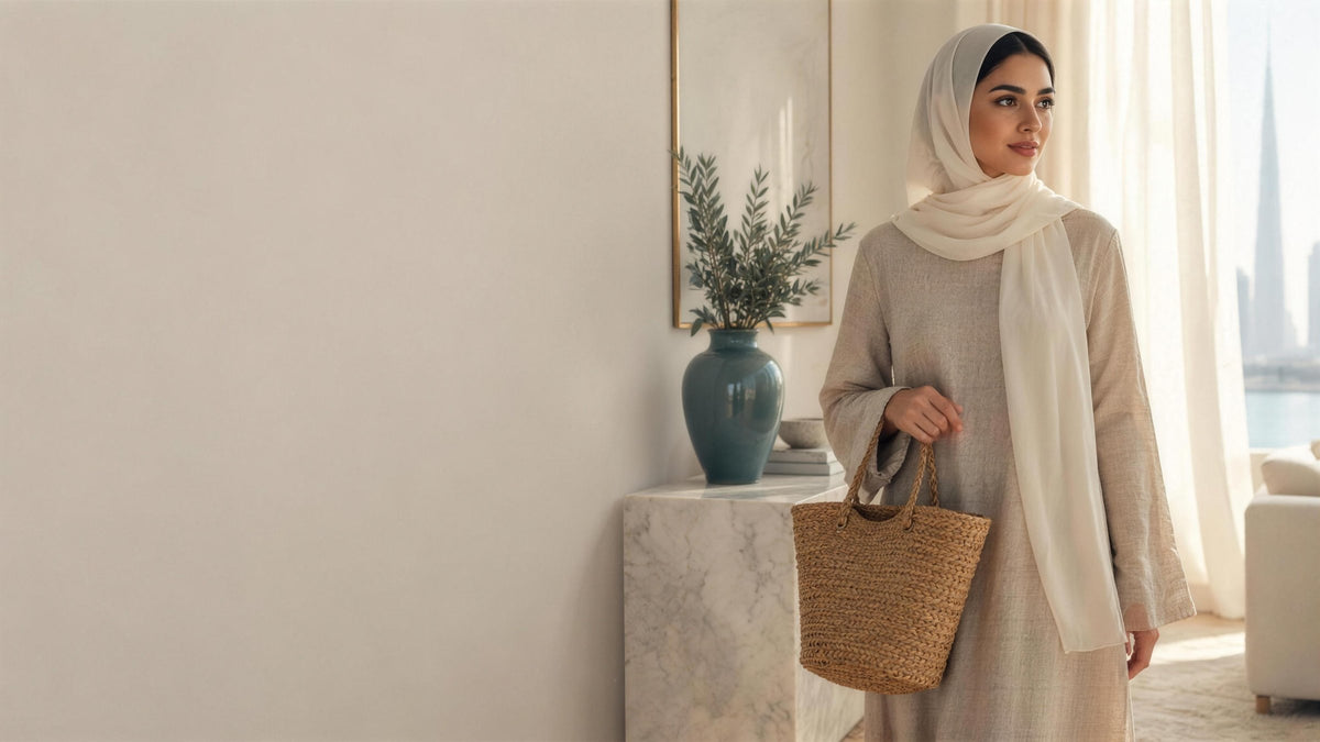 Woman in a cream hijab and sand linen dress holding a straw tote in a bright Dubai apartment