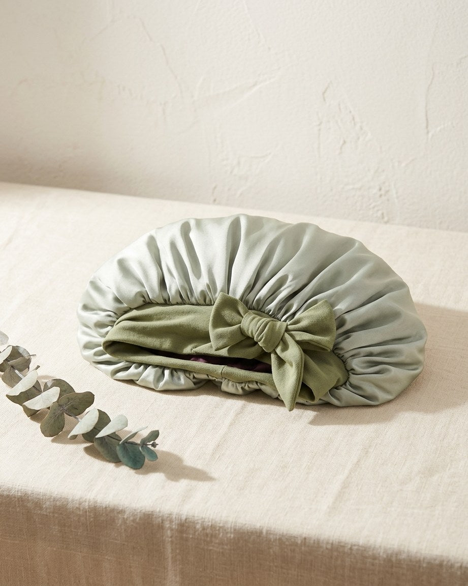 Satin sleep bonnet on a cream linen table