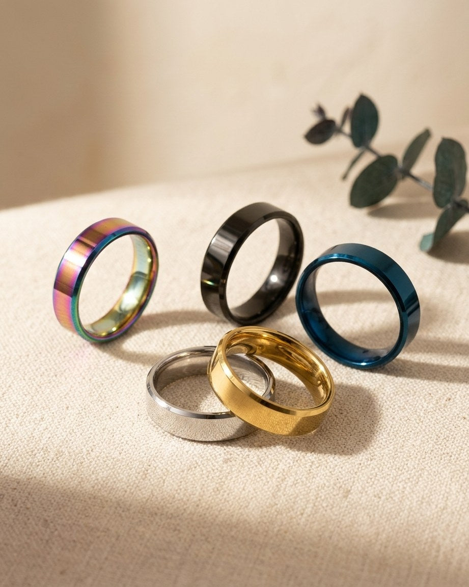 Tungsten carbide band ring on a cream linen table