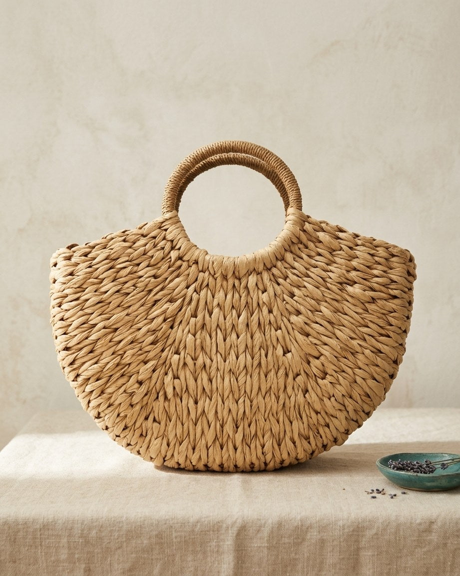 Hand-woven straw tote on a cream linen table
