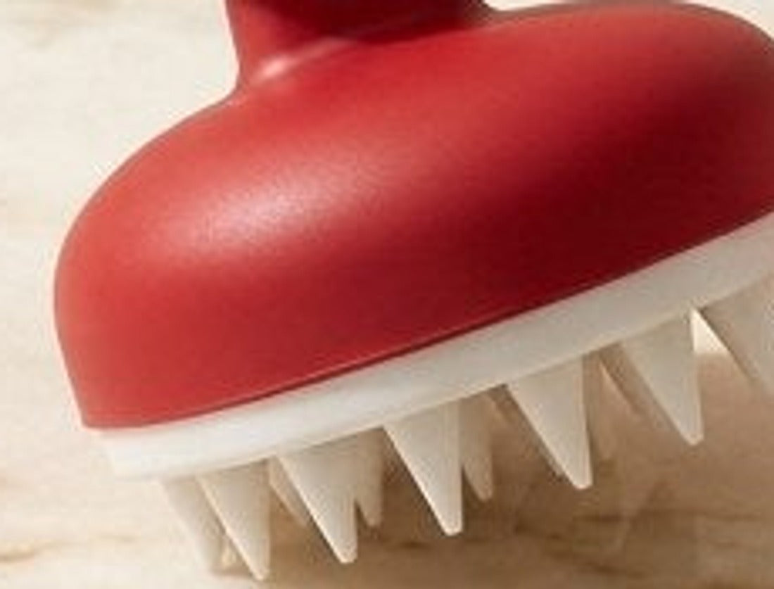 Close-up of the red silicone bristles and rounded handle